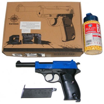 Galaxy G21 Spring Powered Blue Metal BB Gun Pistol (P38 Replica) & 2000 Pellets